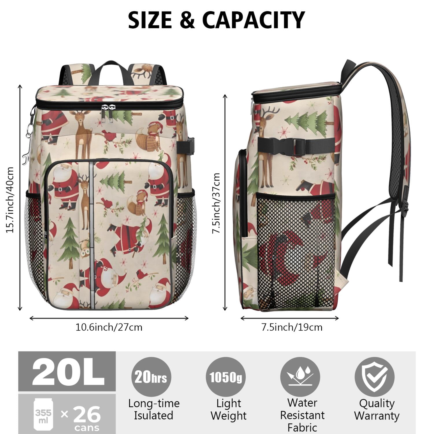 Travel Cooler Bag - Beige Christmas Santa and Animal Pattern Camping Beer Cooler Backpack with Bottle Opener- Waterproof Insulated Picnic Backpacks - Cooler Bag for Beach