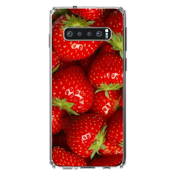 DistinctInk Clear Shockproof Hybrid Case for Samsung Galaxy S10  PLUS(6.4" Screen) - TPU Bumper, Acrylic Back, Tempered Glass Screen Protector - Bright Red Strawberries