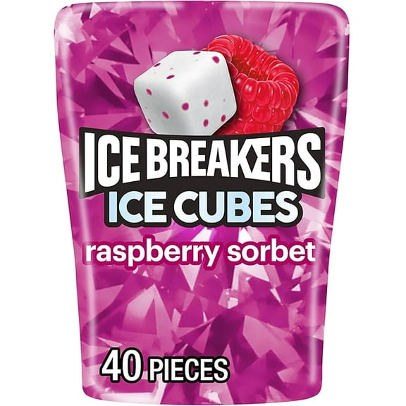 Pack of 1 ICE BREAKERS Ice Cubes Raspberry Sorbet Flavored Sugar Free Chewing Gum Bottle, 3.24 oz (40 Pieces)