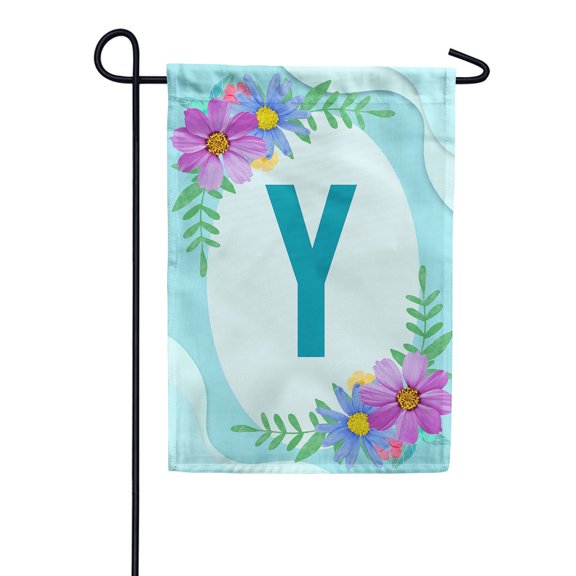 America Forever Spring Monogram Garden Flag Letter Y 12.5 x 18 inches Double Sided Vertical Outdoor, Yard, Lawn, Pink and Blue Flowers, Cosmos, Leaves, Summer Flower Garden Flag