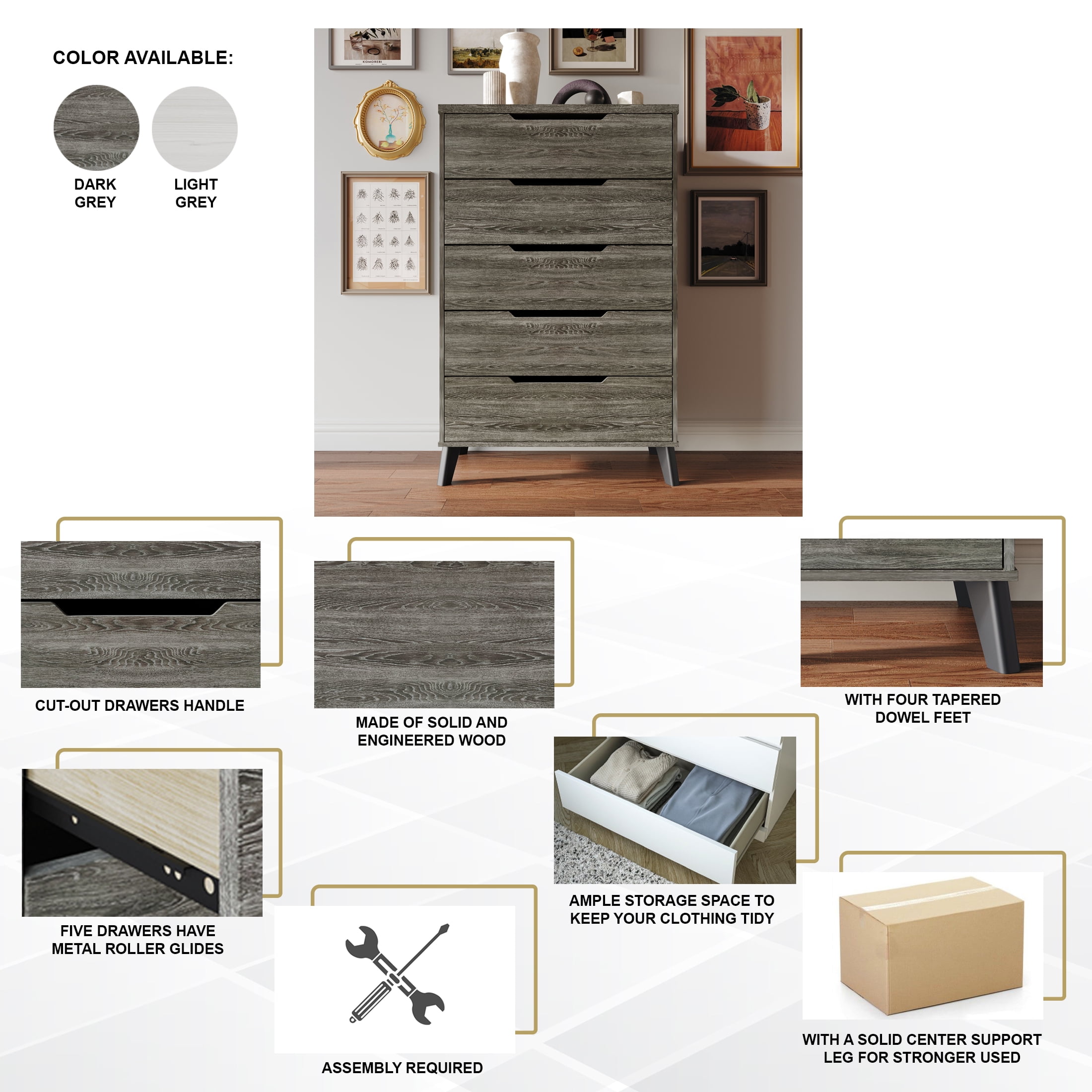 Castle Place Modern 5-Drawers Wooden Dresser, Dark Grey