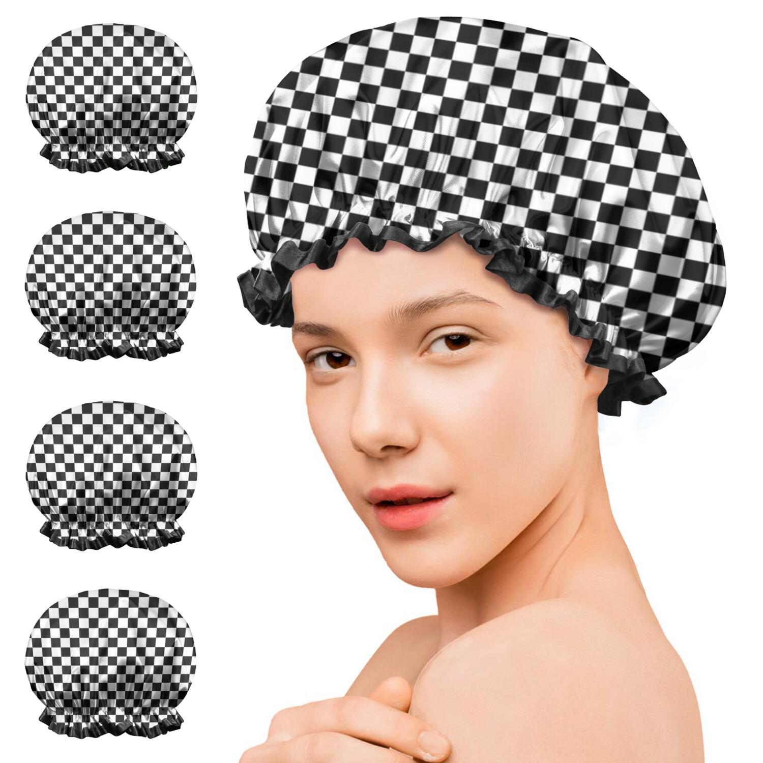 Shower Caps,Black and White Checkered Pattern Waterproof Shower Cap for Women 4 Pieces,Double Reusable Hair Cover for Shower PEVA Elastic Stretch Hem