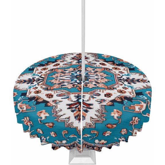 Outdoor Tablecloth with Umbrella Hole and Zipper Turquoise Brown Boho Round Tablecloths 60 Inch Waterproof Outside Table Cloths Vintage Bohemian Patio Table Cloth Cover for Outdoor Tables Garden
