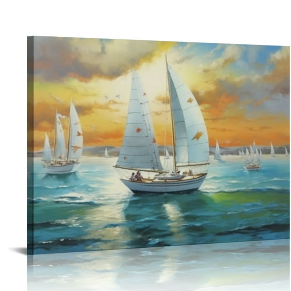 Acheng Blue Abstract Wall Art Ocean Sailboat Picture Modern Coastal Painting,Canvas Textured Framed Artwork for Living Room Bedroom Kitchen Home Office Wall Decor 20x16in