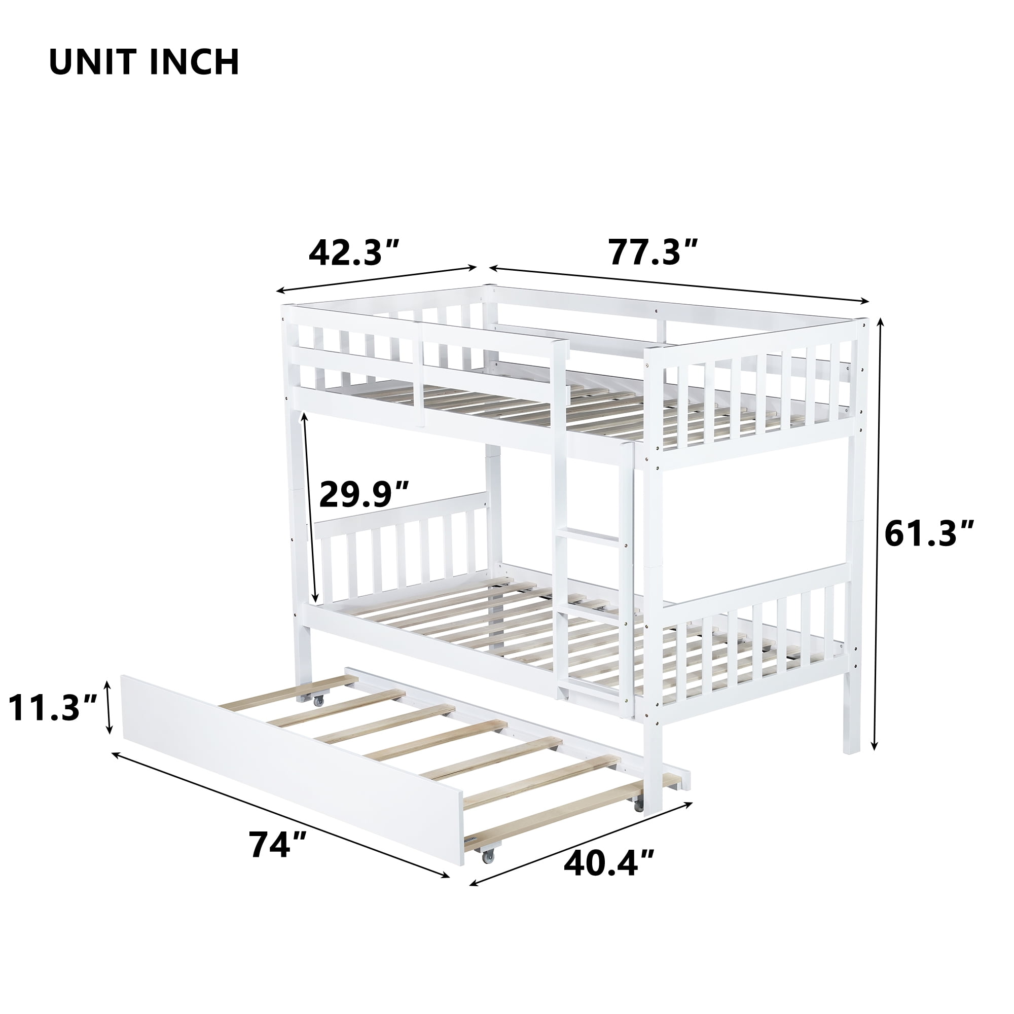 Alvantor Twin Over Twin Wood Bunk Bed with Trundle and Ladder, Convertible into Twin Size Beds, White