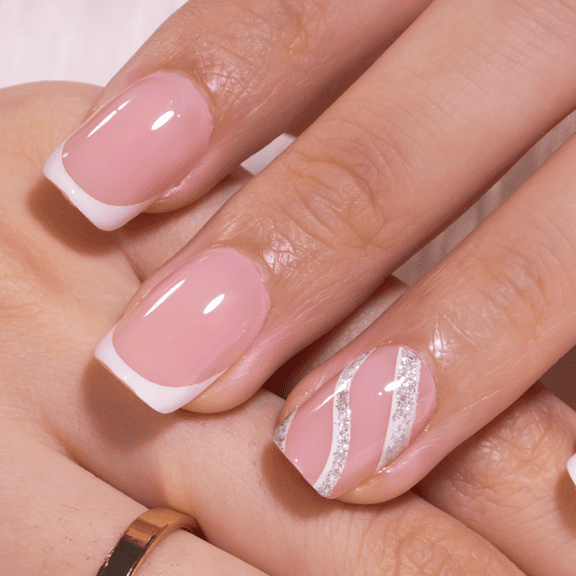 Curvlife short squoval french Nail Art Press On Nails french; glitter pink glossy shiny 2 Week Wear