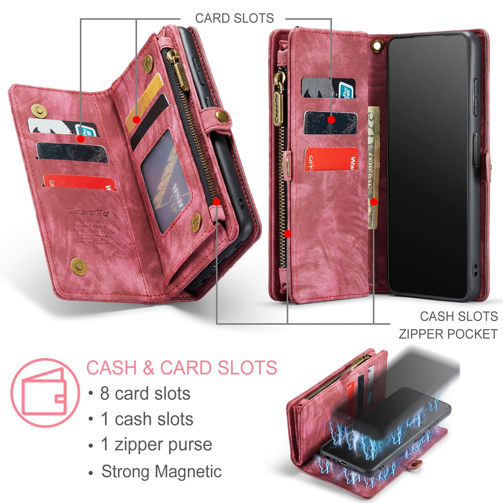 Feishell Durable 2- In-1 Magnetic Detachable Wallet Case for Samsung Galaxy A13 5G,for Women Men,Premium PU Leather Zipper Pocket Flip Multi Card Slots Purse Phone Case with Wrist Strap,Red