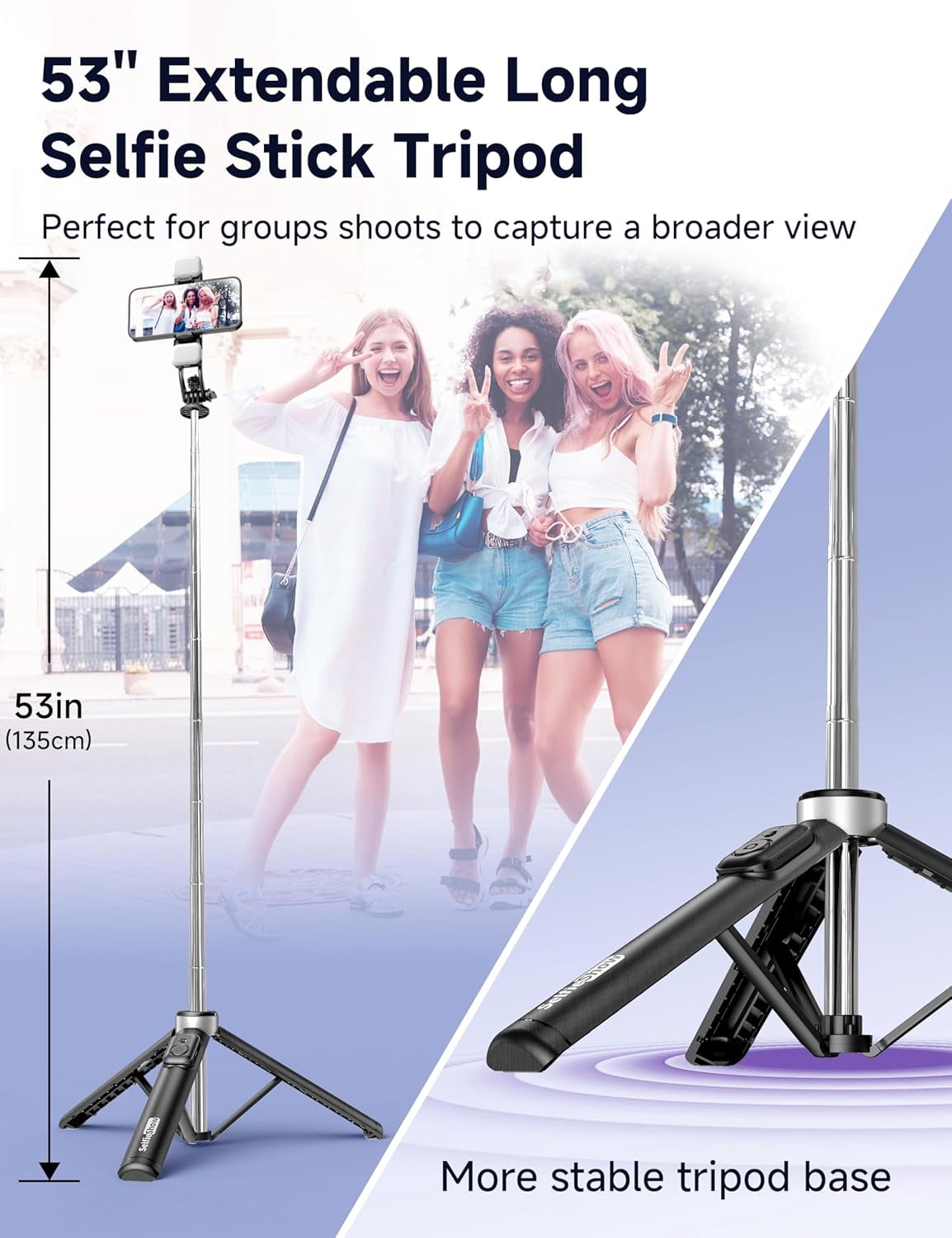 53'' Selfie Stick Tripod with Light, Extendable Remote, Portable Cell Phone Stand All in 1 Clip, Lightweight Camera Compatible iPhone 15 14 13, Android