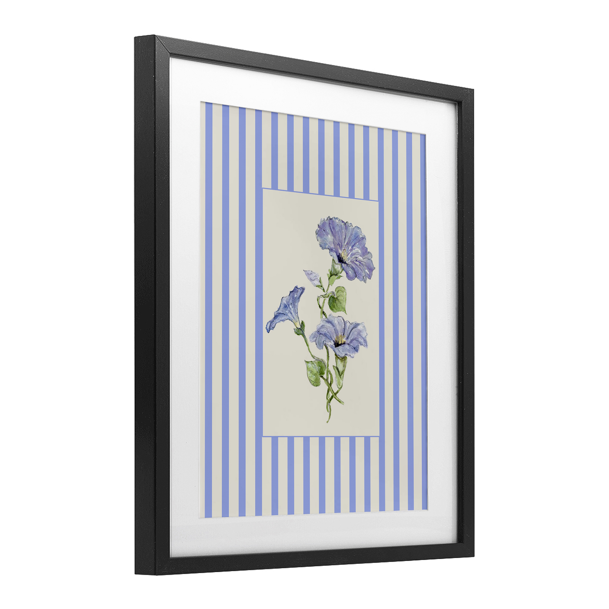 Blue Stripe Morning Glory Black Framed Print Under Glass, design by Lisa Wehmeyer