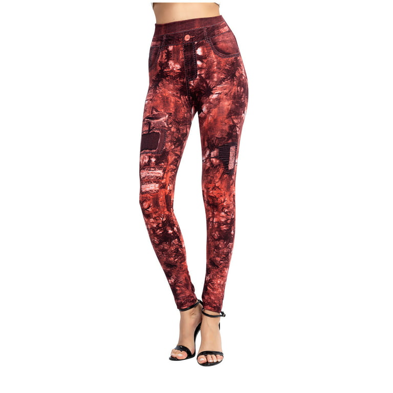 JWZUY Yoga Pants for Women Skinny Tie Dye Leggings High Waist Workout  Sports Pants Distressed Patchwork Pants Red XXXL