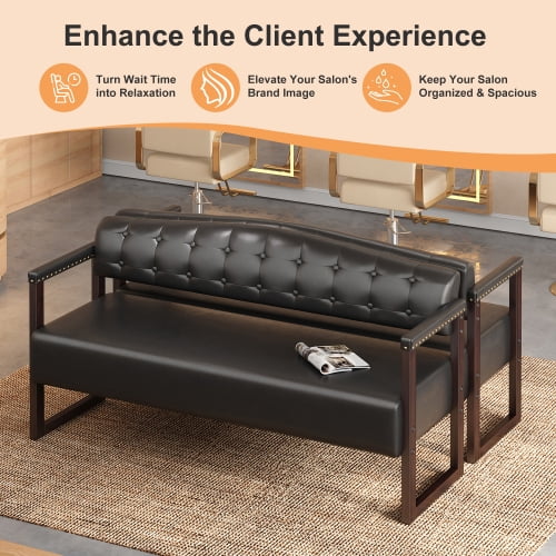 57.83" Waiting Room Bench, Mid-Century Modern Reception Sofa with Tufted Backrest and Nailhead Trim, Black PU Leather Commercial Waiting Bench for Beauty Salon, Spa, Office, Barber Shop, Black