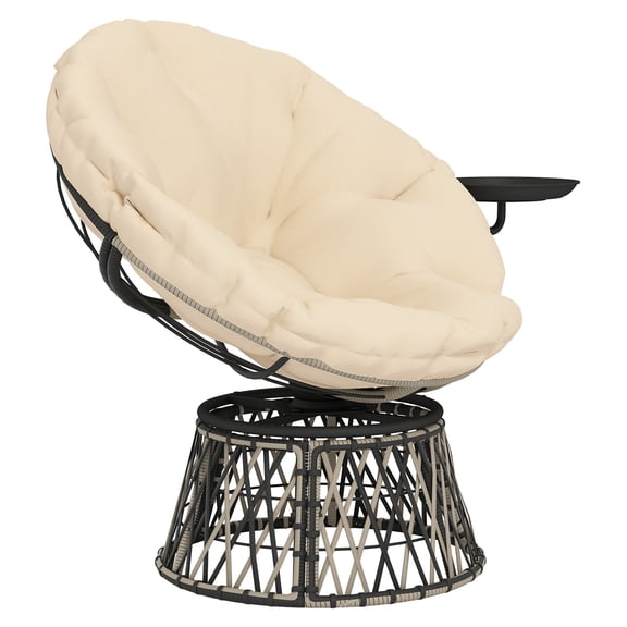 Outdoor Papasan Swivel Chair, 39" Overstuffed Circle Wicker Chair with Side Tray, Beige Patio Chair for Indoor/Outdoor Use