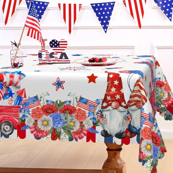MIZHONA 4th of July Patriotic Tablecloth 250th American Truck Gnome Rectangle Table Cloth for Independence Day Dinning,Kitchen PartyDecor,60" x 84"