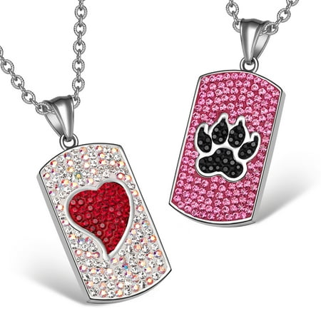Heart and Wolf Paw Austrian Crystal Love Couples Best Friends Dog Tag Red White Pink Black