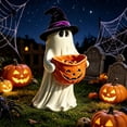 thumbnail image 4 of Halloween Ghost Candy Bowl Statue, Resin Ghost Figurine Holding Pumpkin Candy Bowl, Witch Hat Ghost Trick Or Treat Candy Holder, Indoor Outdoor Front Porch Yard Lawn Entryway Fall Holiday Decor, 4 of 5