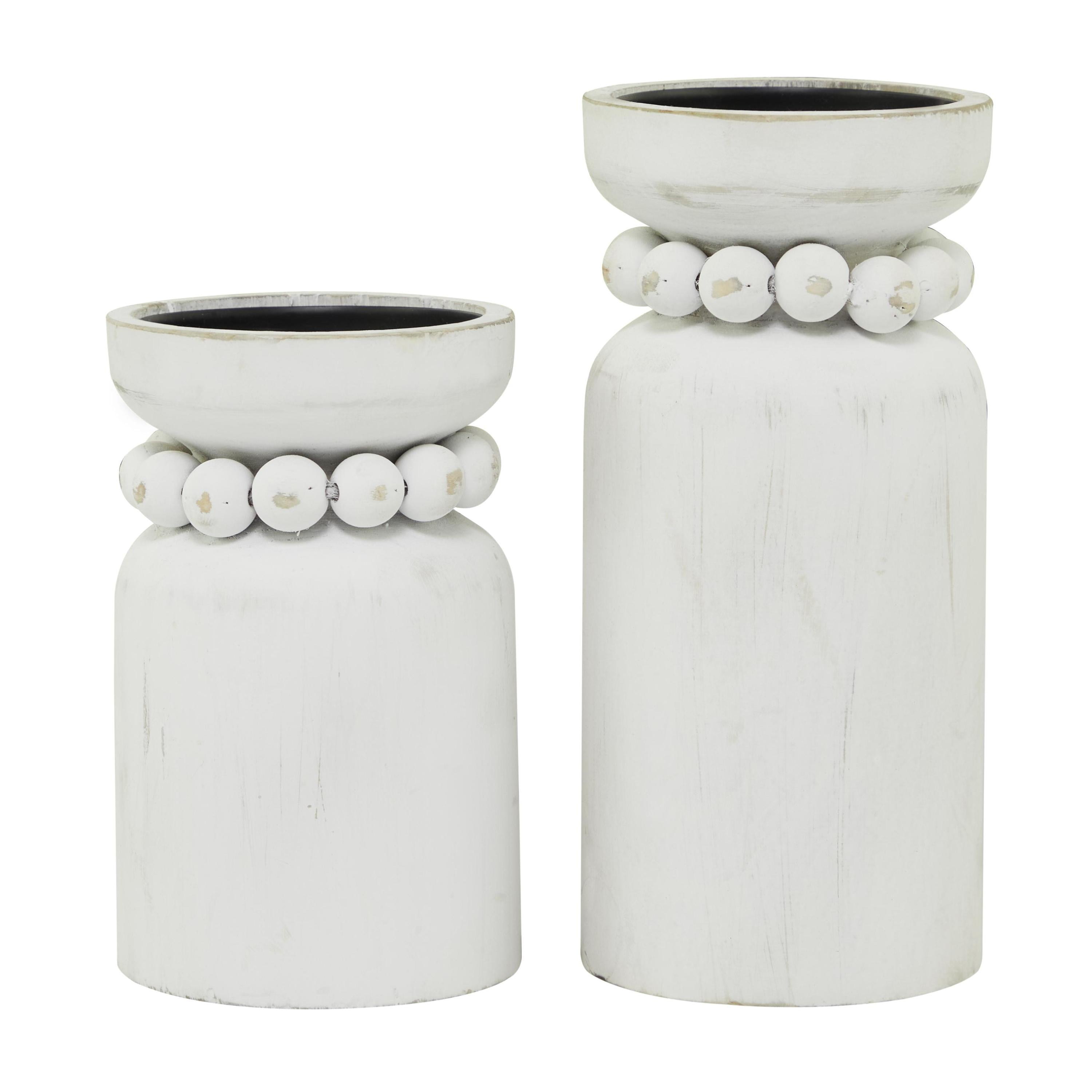 DecMode 2 Candle White Wood Beaded Pillar Candle Holder, Set of 2