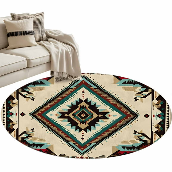 Boho Red Teal Brown Round Area Rug 4 FT, Non Slip Indoor Outdoor Rug, Southwestern Vintage Geometric Washable Soft Circular Carpet Non-Shedding Floor Mat for Coffee Table Nursery Foyer Balcony