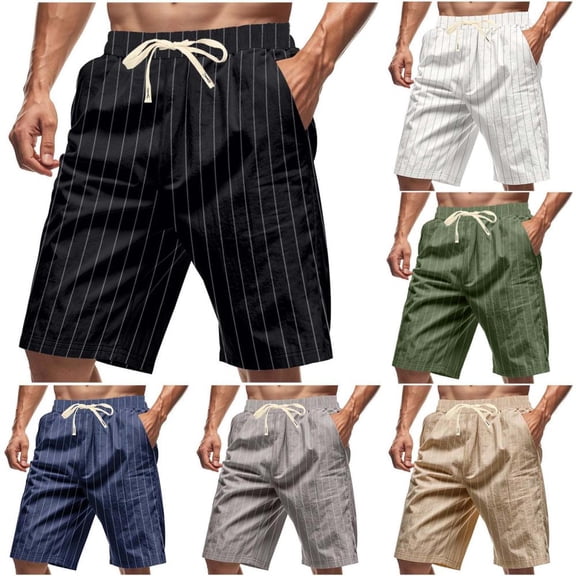 Bxsruta Men's Elastic Waist Striped Shorts with Pockets, Comfortable Polyester Beach Pants for Casual and Outdoor Wear