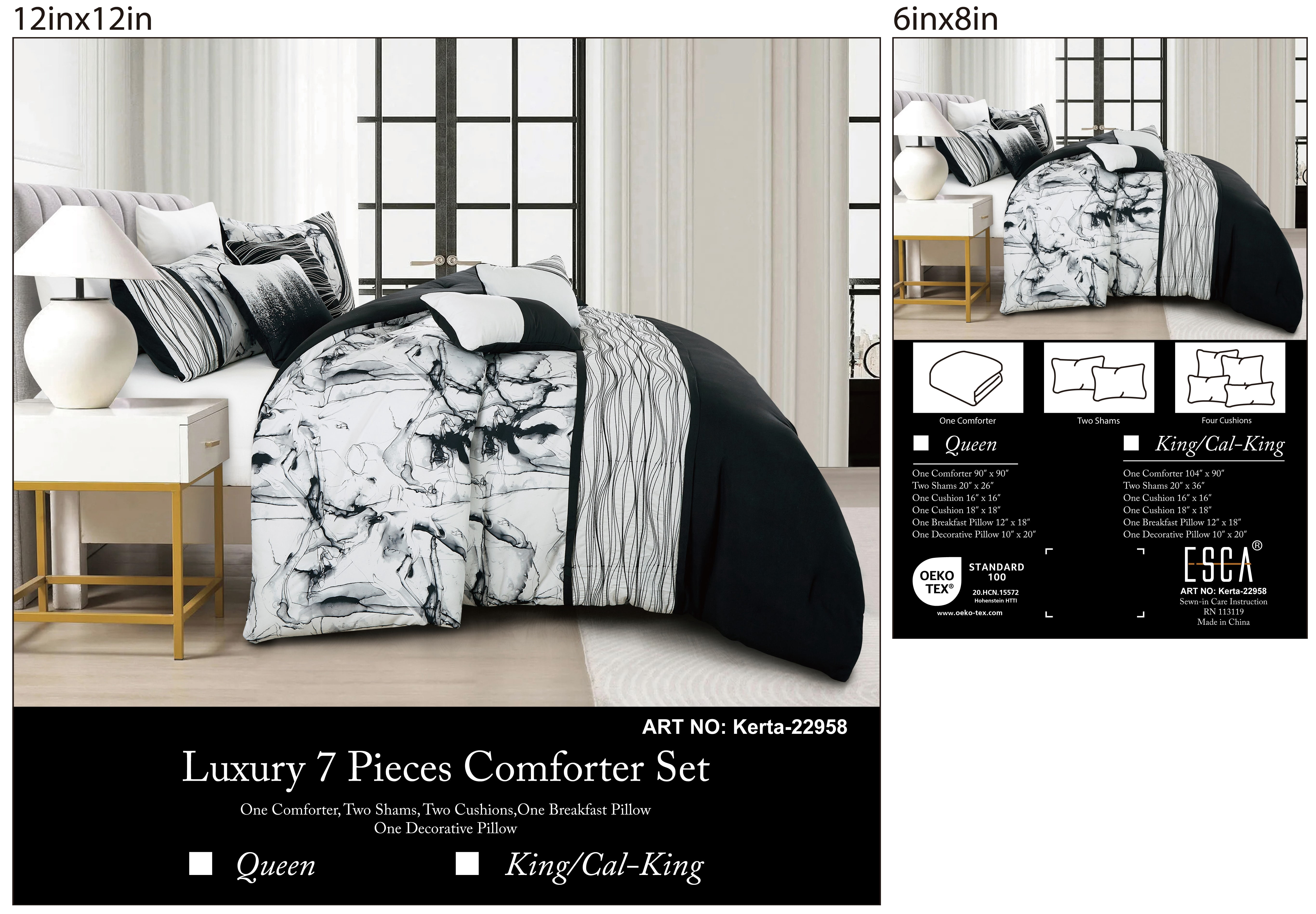 LUXURY 7 Pieces Comforter Set Queen Size, Modern Black White Marble Ink Art Printed Bedding Set
