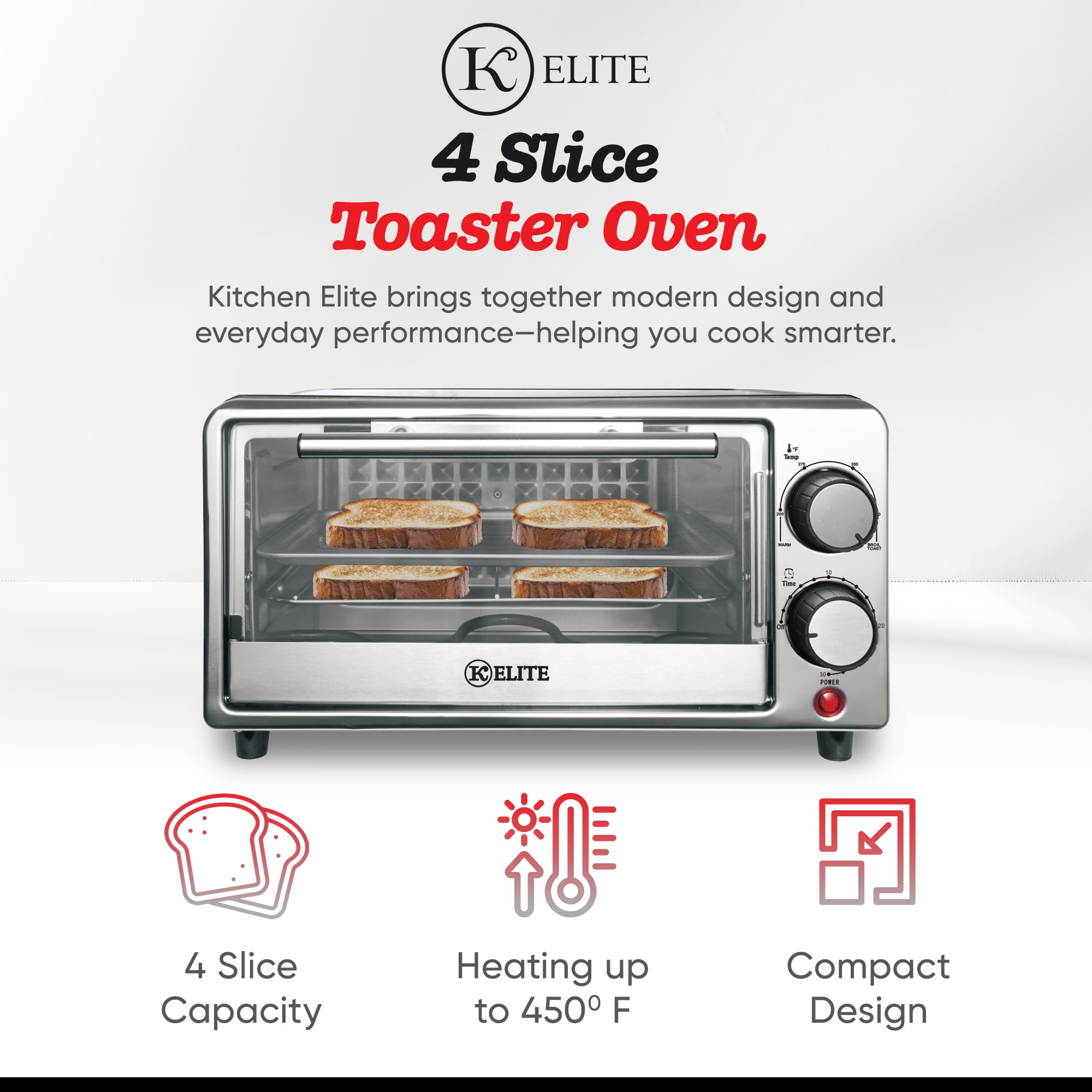 Kitchen Elite 4-Slice Toaster Oven Compact Countertop & Stainless Steel Tray, Black