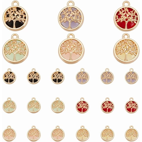 24pcs Tree of Life Connector Links 6 Colors Flat Round Glass Pendants Charm Platinum Plated Links Lucky Charms