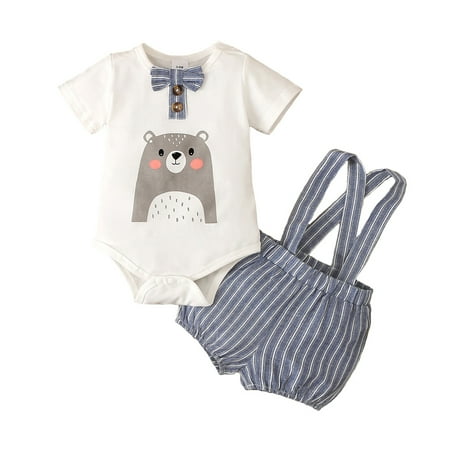 

Kucnuzki 3 Months Baby Boy Summer Outfits Shorts Sets 6 Months Short Sleeve Cute Bear Prints Romper Tops Stripes Prints Oridinary Shorts 2PCS Set Blue