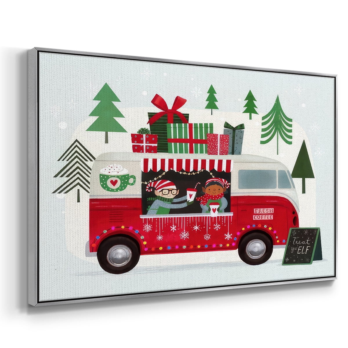 Santa's Foodtruck Collection A - Framed Gallery Wrapped Holiday Canvas - 25 x 37 - Silver Frame
