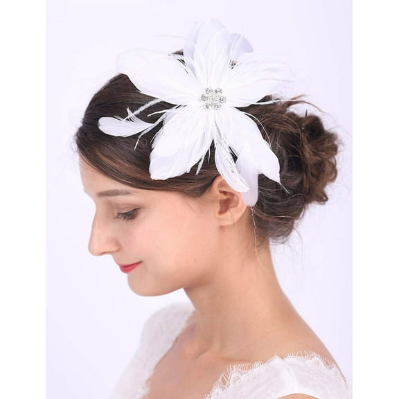 Bridal White Feather Hair Clip Crystal Feather Fascinator for Wedding Prom Party Festival Bridesmaid Bride Hair Accessories for Women and Girls