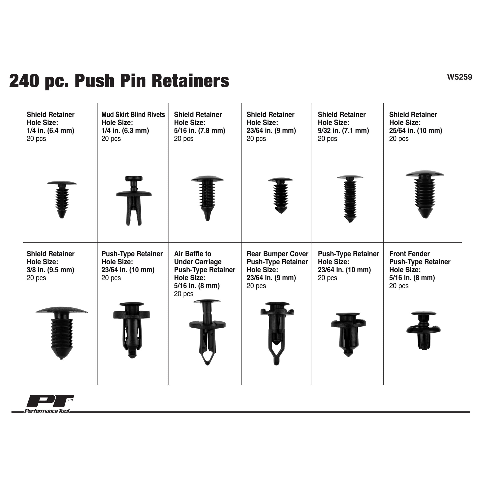 Performance Tool W5259 240-Piece Automotive Push Pin Retainer Kit