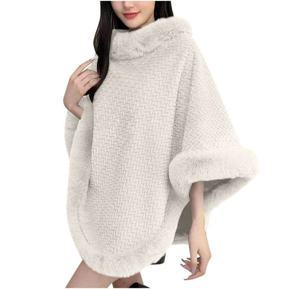 XFLWAM Women's Fashion Fuzzy Shawl Faux Fur Collar Trim Warm Wrap Cape Soft Comfort Thermal Shawl Winter Outwear White Free Size
