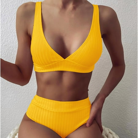 Oalirro Gift for Her Tankini Swimsuits for Women Women s Fashion Bikini Set Swimsuit Two Piece Filled Soild Swimwear Beachwear Yellow