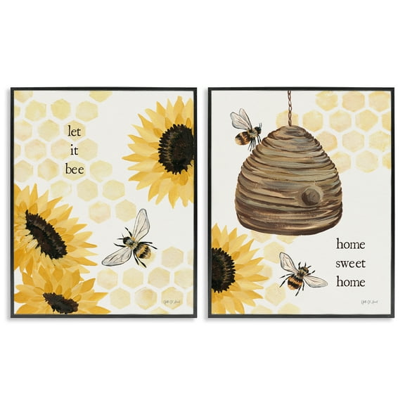 Stupell Industries Sunflower Let it Bee Skep Animals Painting Black Framed Art Print Wall Art, 11 x 14, Set of 2