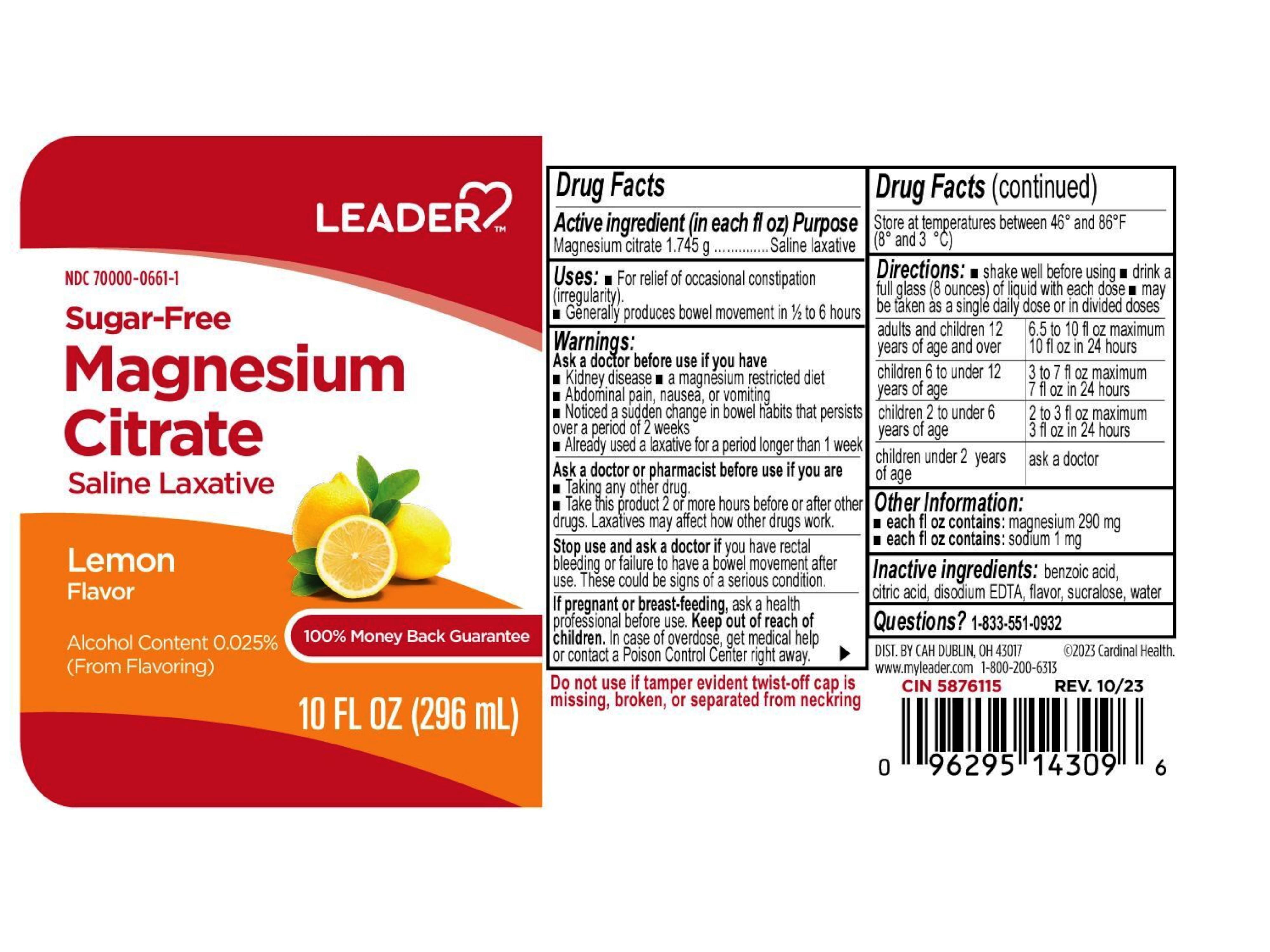 6 Pack - Leader Magnesium Citrate Saline Laxative, Sugar-Free, Lemon Flavor, 10 FL OZ