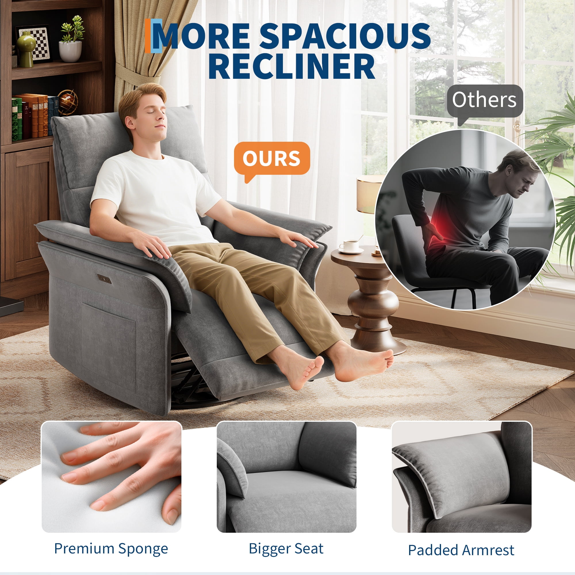 Power Recliner Chair Glider – Swivel Rocker with USB Charging Port, 270° Rotation, 350 lb Capacity, & Double-Layered Armrests – Chenille Upholstery for Living Room, Nursery, Bedroom