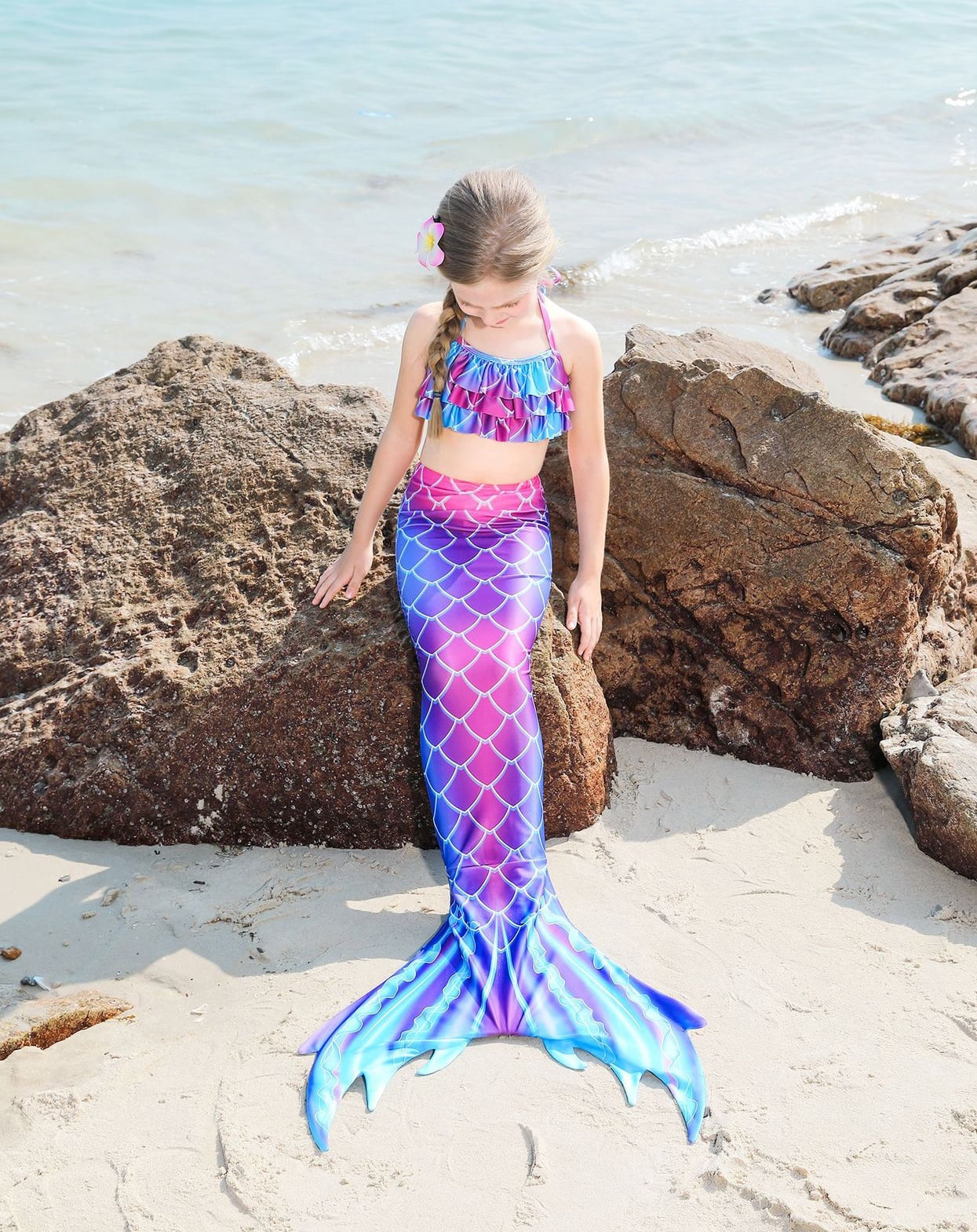 2026 Girls Swimming Mermaid Tail 4 Pcs Sets Kids Mermaid Swimwear