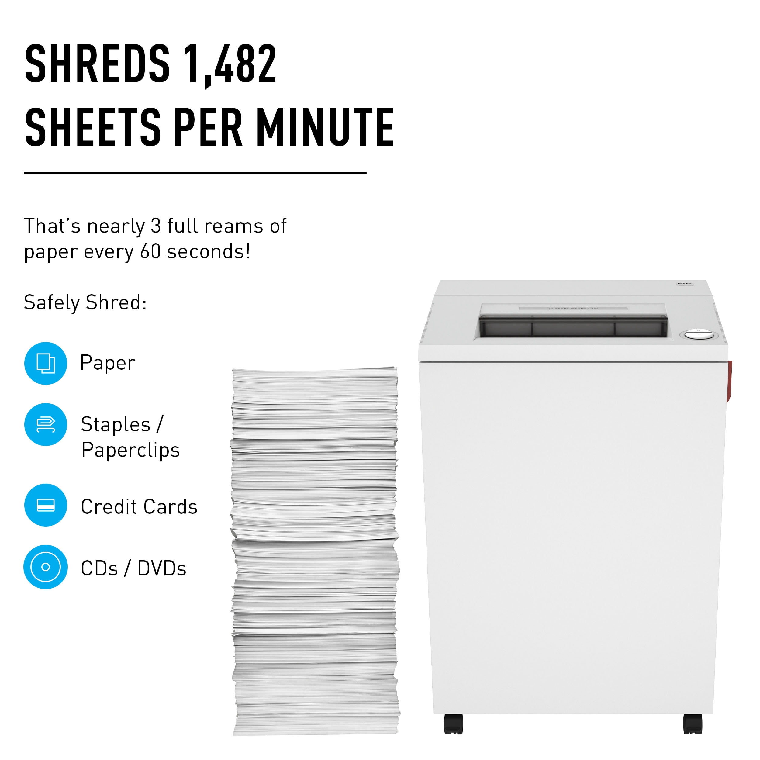 IDEAL 4003 Strip Cut Centralized Office Paper Shredder Heavy Duty, Continuous Operation, Shreds 43-45 Sheet Capacity, Shred Staples/Paper Clips/Credit Cards/CDs/DVDs, 1 3/4 HP Motor, P-2 Security