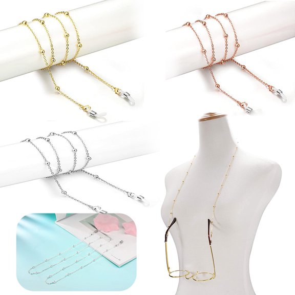 3 Pcs Glasses Chain, 18K Gold Plated Sunglass Chain String Strap Eyeglass Retainer Eyewear Holder (Silver, Gold, Rose gold)