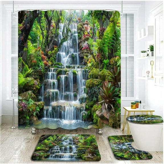 4 Piece Waterfall Scenery Shower Curtain Set with Rugs, Toilet Lid Cover ,Tropical Rainforest Jungle Primeval Forest Natural Bushes Floral Mossy Rocks Clear Stream Bathroom Shower Curtain with Hooks