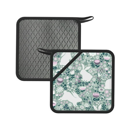 

2pcs Silicone Anti-Hot Hot Pads Oven Mitts Heat Resistant Pot Holders With Pockets Non Slip Oven Glove Potholder For Kitchen Cooking Bbq Baking 7.1in Easter Cute Rabbits Wildflowers Floral