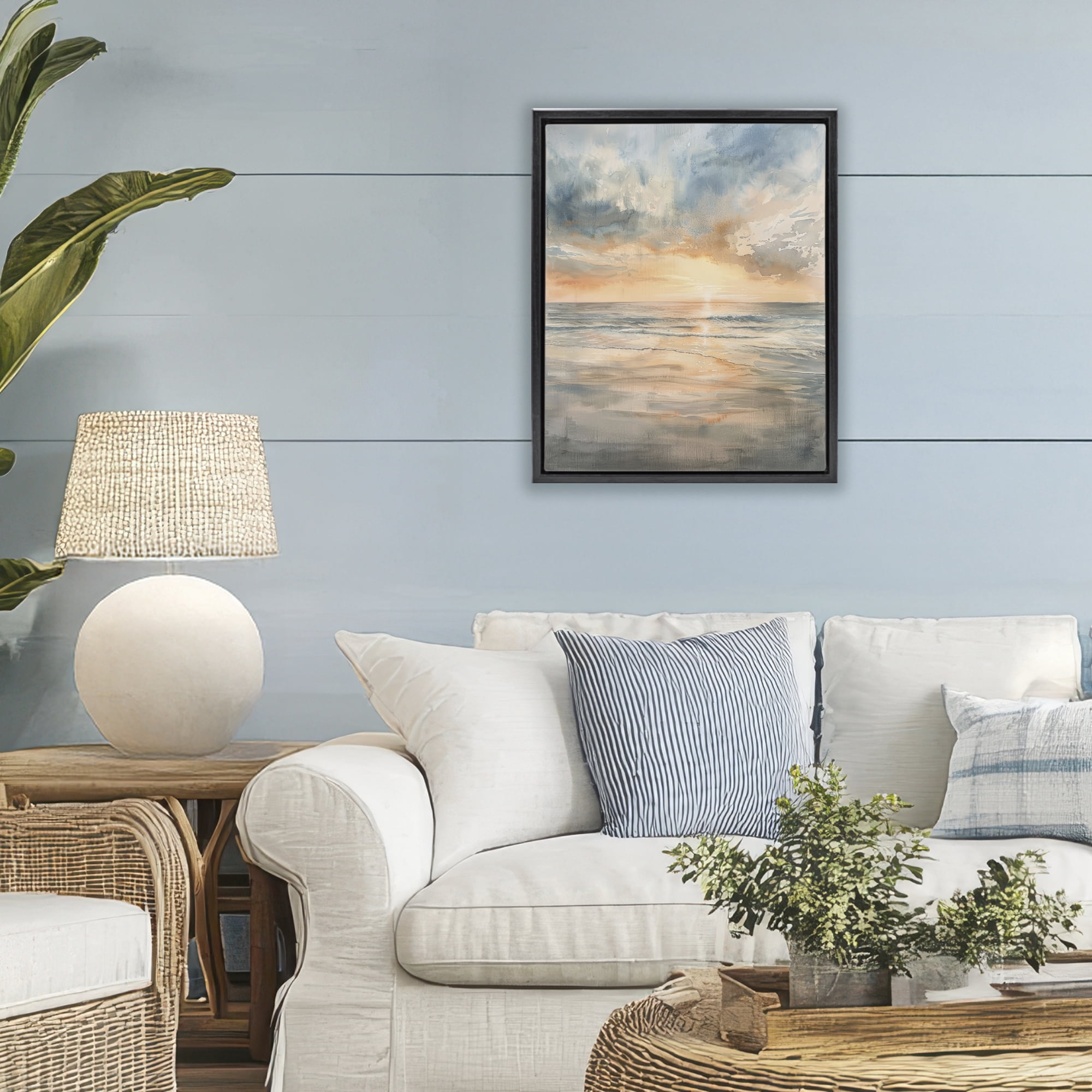 Stupell Industries Coastal Sunset over Gentle Waves Black Framed Floater Canvas Wall Art, design by Petal Prints Design