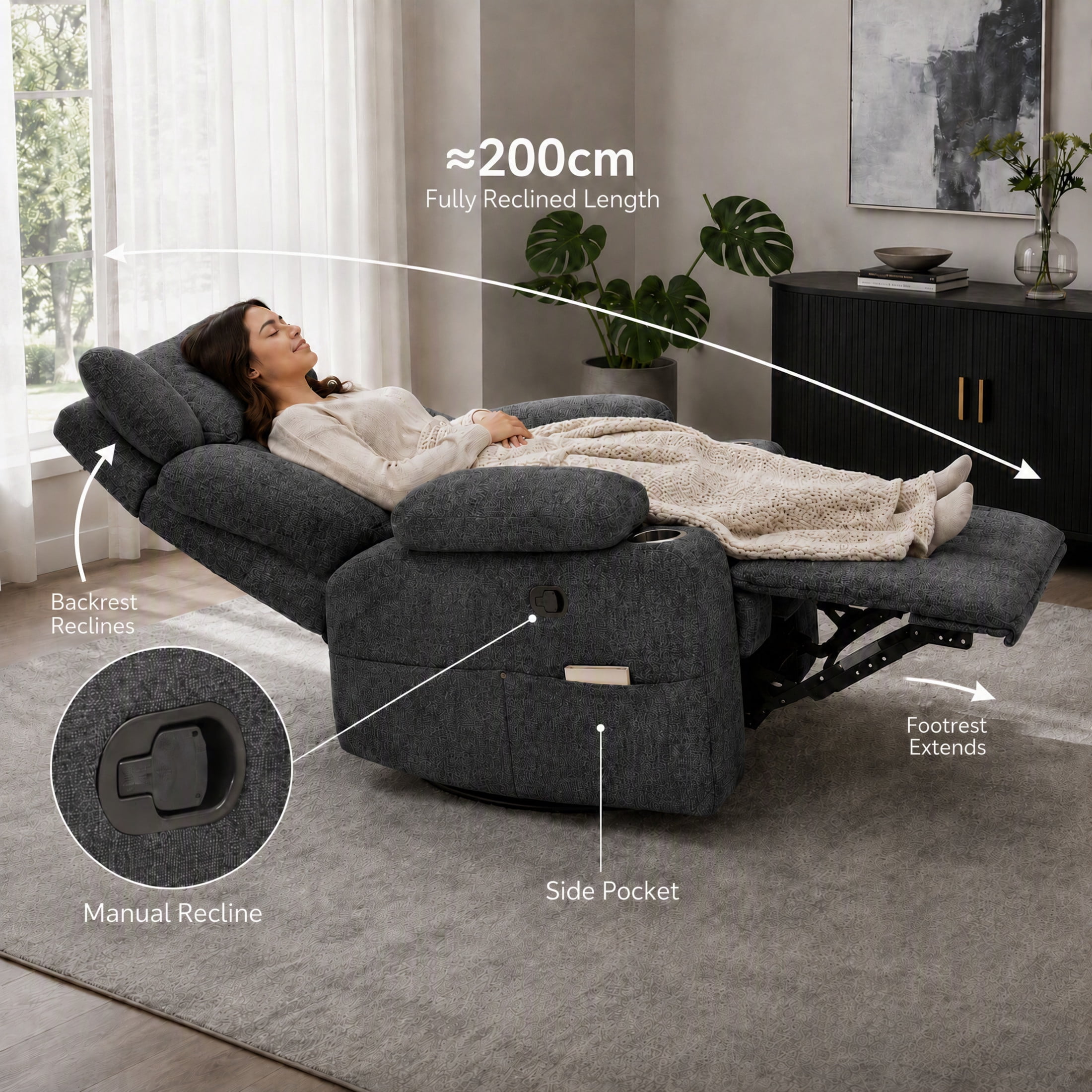 GDF Studio Turden 360° Swivel Manual Rocking Recliner with Detachable Neck Pillow, Versatile Lounge Chair, Dark Gray