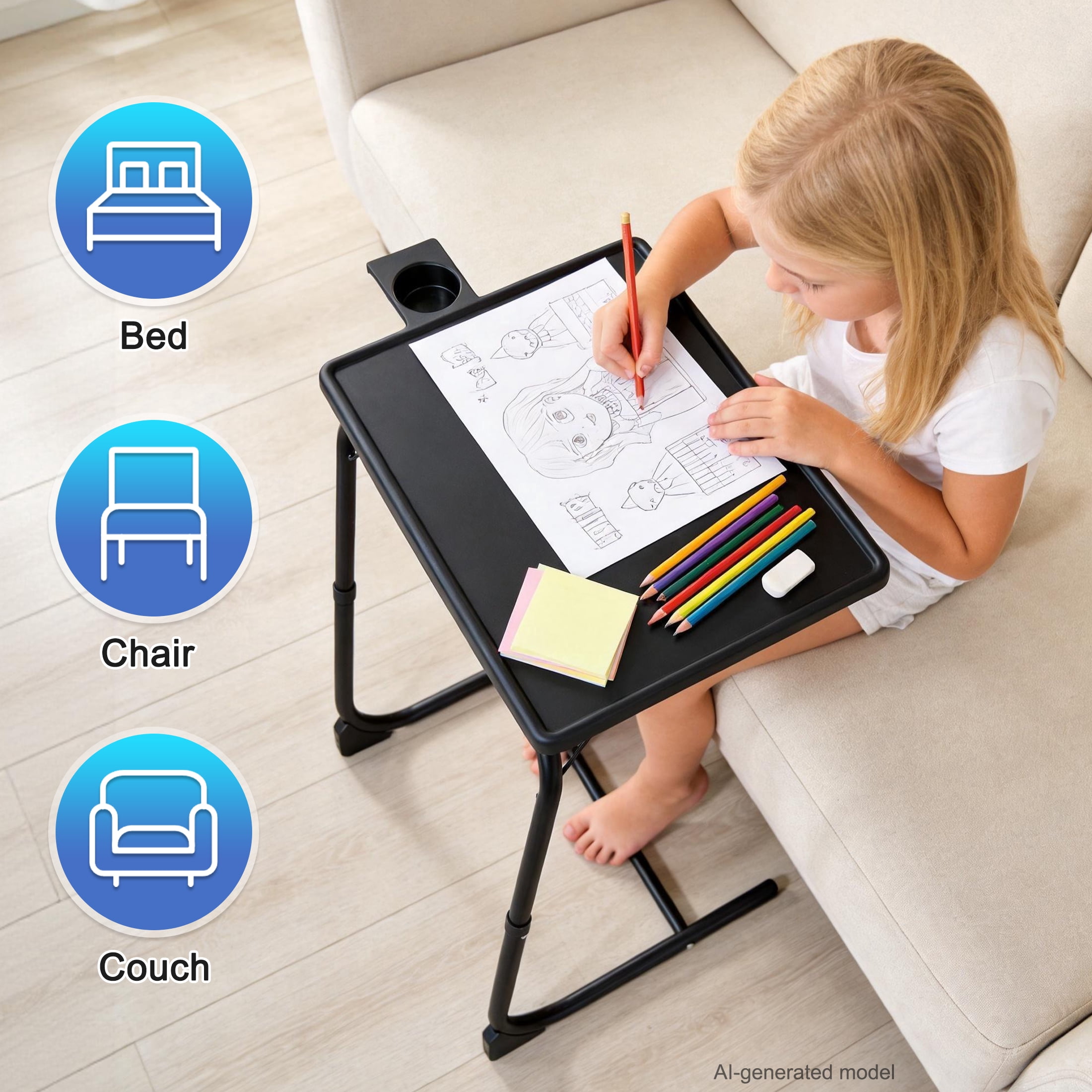 Adjustable TV Tray Table with 6 Height & 3 Tilt Angle, Folding TV Dinner Tray, TV Table with Cup Holder on Bed & Sofa, Portable C-Shaped Side Dinner Tray Table