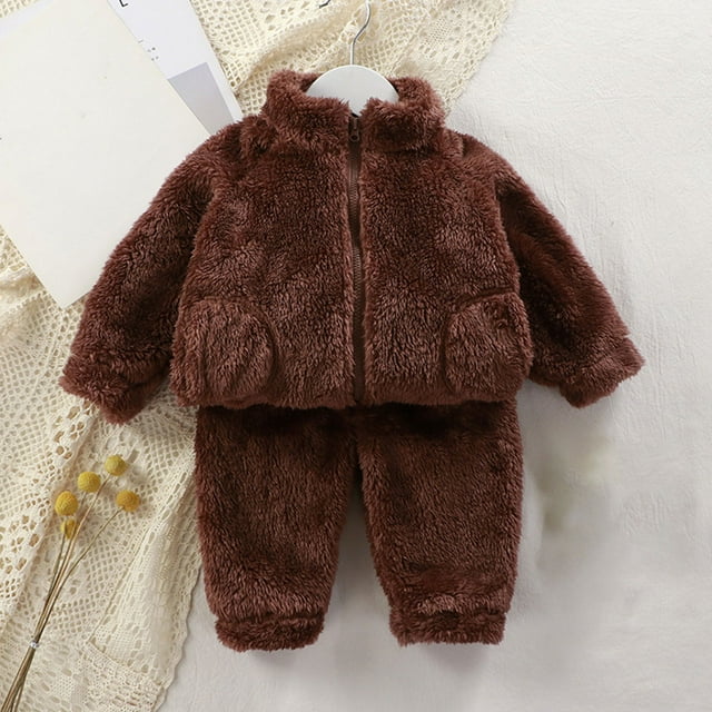 RXIRUCGD Children's Flannel Solid Color Sleepwear Set Long Pants Thick Home Clothes Set( Brown, Size:3 Years )