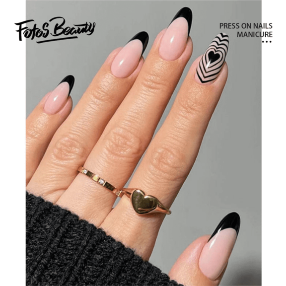 Fofosbeauty 24pcs Almond False/Fake Nails for Girls Women, Black French Heart