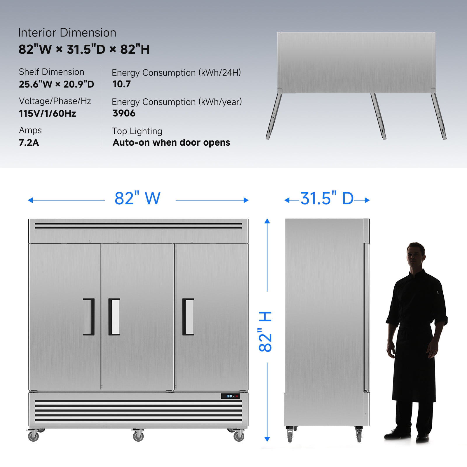 Coolake 82" Width Commercial Freezer 3 Solid Doors, 72 Cu.ft Stainless Steel Reach-in Upright Freezer with LED Lighting, Fan Cooling Freezer for Restaurant Cafe Hotel Kitchen Prep Area