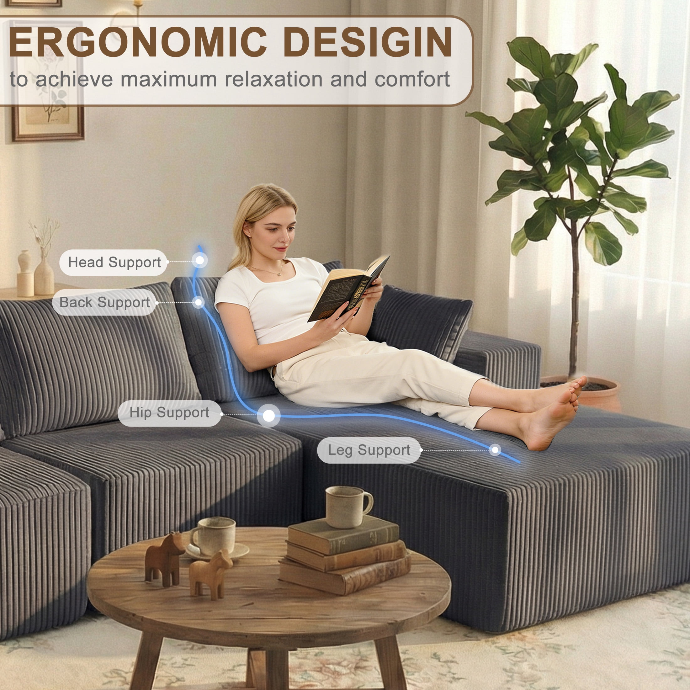 edx 108" Convertible Sectional Couches Comfy Fluffy 4 Seat Memory Foam Sectional Sofa Upholstered Couches for Living Room Bedroom,No Assembly Required,(Right Facing Chaise)Dark Grey