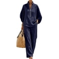 thumbnail image 4 of 2 Piece Outfit for Women Stand Collar Half Zip 3/4 Batwing Sleeve Blouse Matching Wide Leg Pants Solid Linen Look Casual Travel Suit for Spring Summer Vacation Daily Wear, 4 of 5
