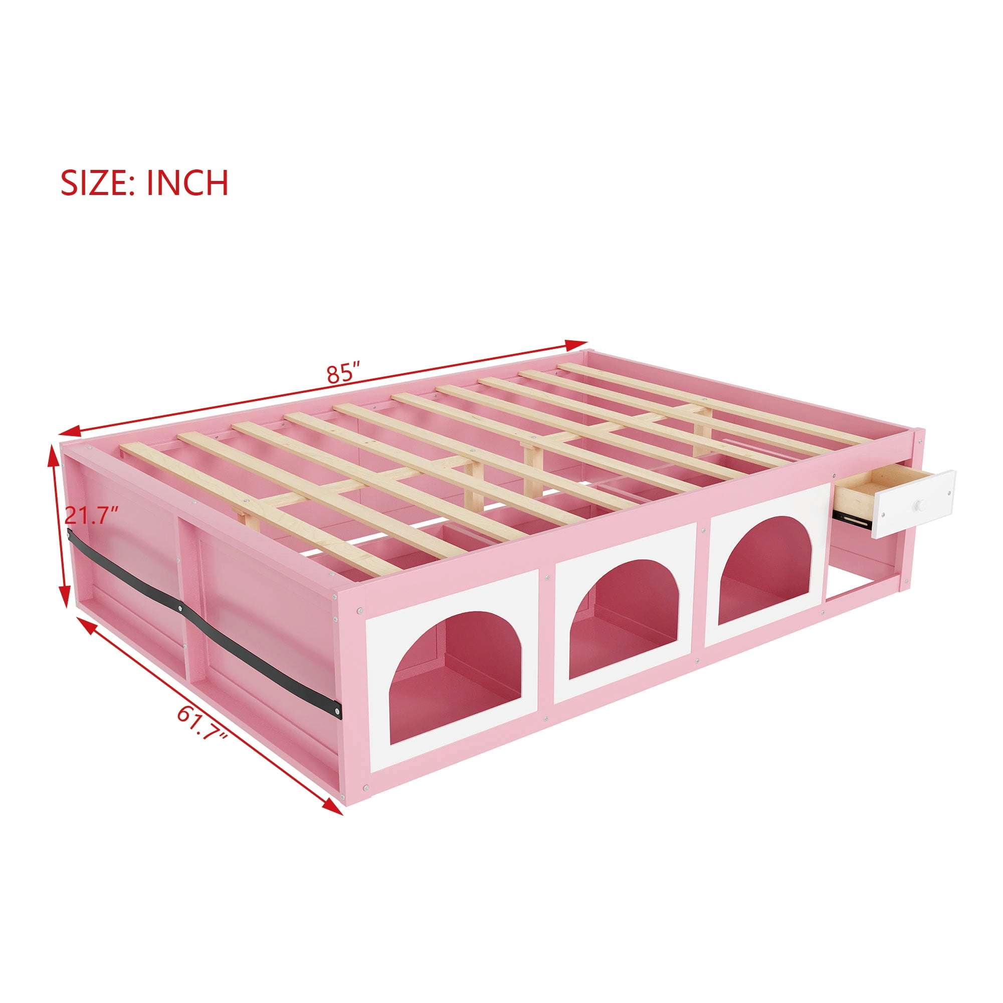 Mintazer Modern Queen Size Bed with Bookshelf and 3 Open Cubbies & Drawer, Platform Bed Frame with LED Light for Kids Bedroom, Pink & White