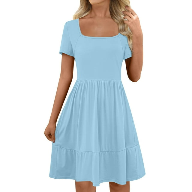Robe d'Été pour Femme à Encolure Carrée, Mignonne, à Manches Courtes, Taille Haute, Robes Décontractées Évasées Ligne A, à Volants, Bleu Pâle, S