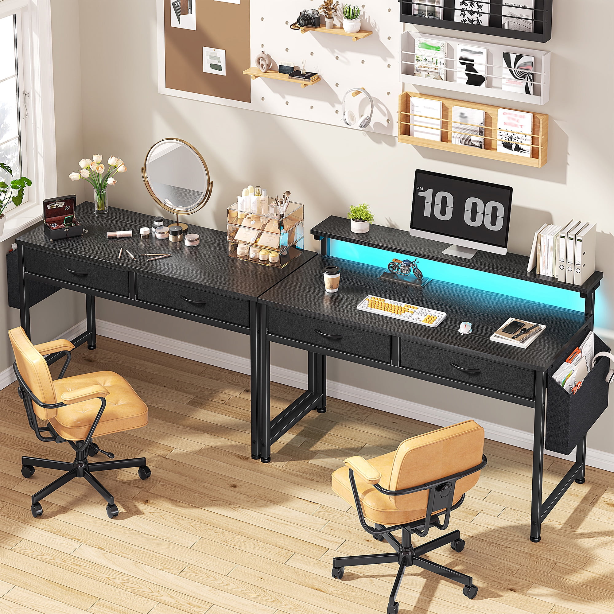 Romorgniz 37.8" H Computer Desk with LED Lights Small Desk with 2 Fabric Drawers & Side Pocket, Ergonomic Study Desk with Monitor Stand for Home Office, Gaming, Small Spaces, Black